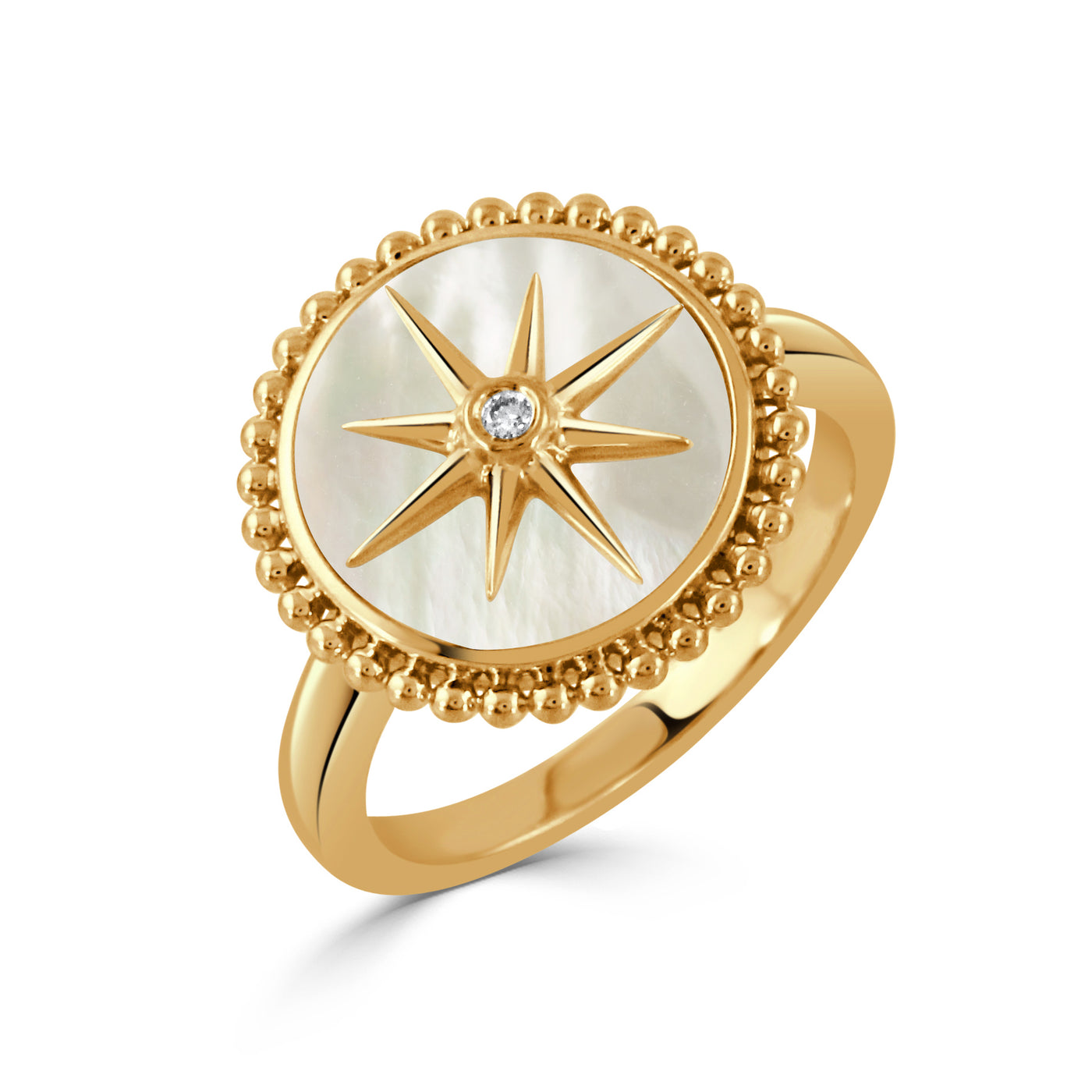 18K Yellow Starburst Mother of Pearl and Natural Diamond Ring Size 6.5