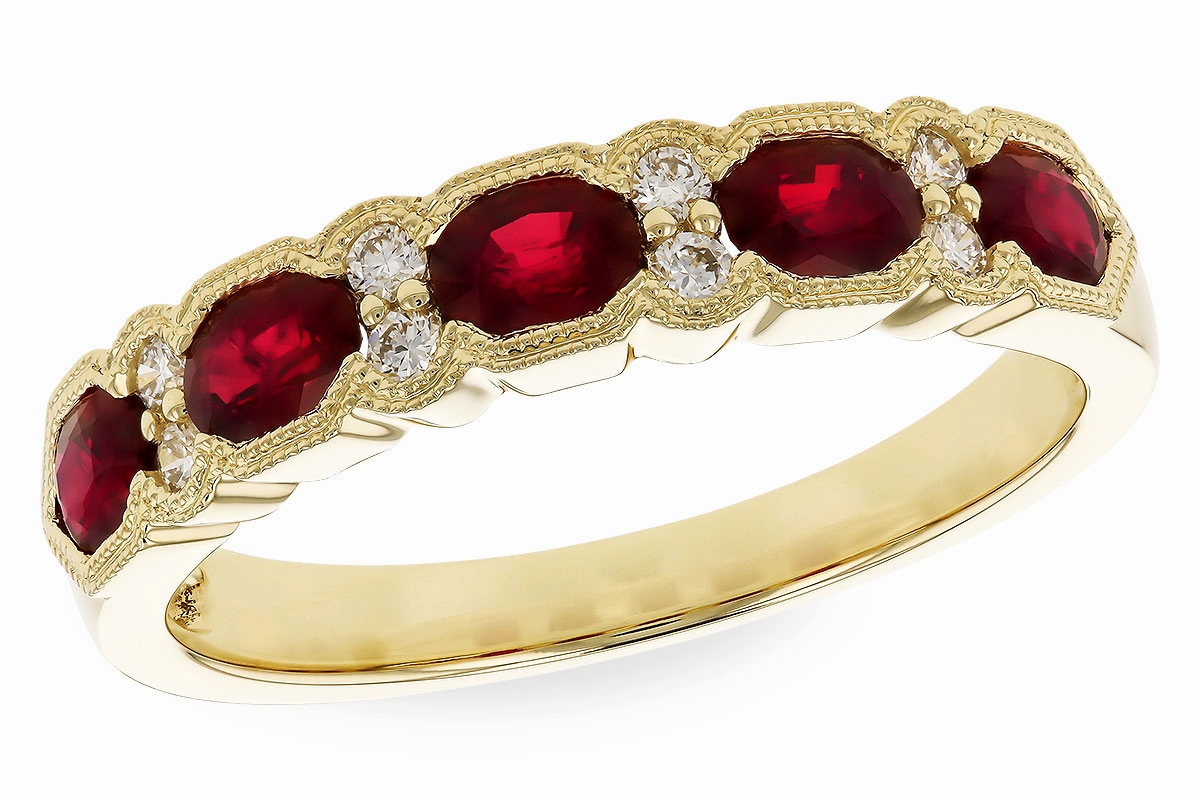 14K Yellow Gold 5 Stone Ruby and Natural Diamond Ring