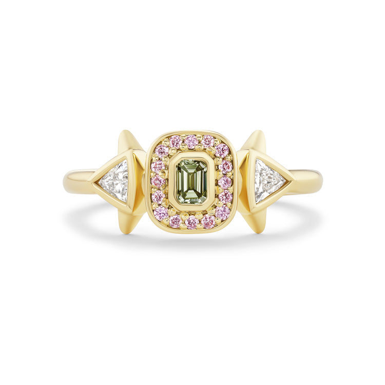 18K Yellow Gold Three Stone/Halo Natural Diamond Ring
