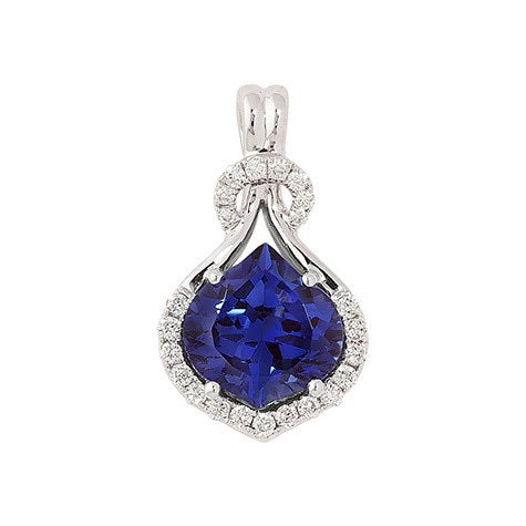 14K White Gold Chatham Blue Sapphire and Lab Grown Diamond Pendant