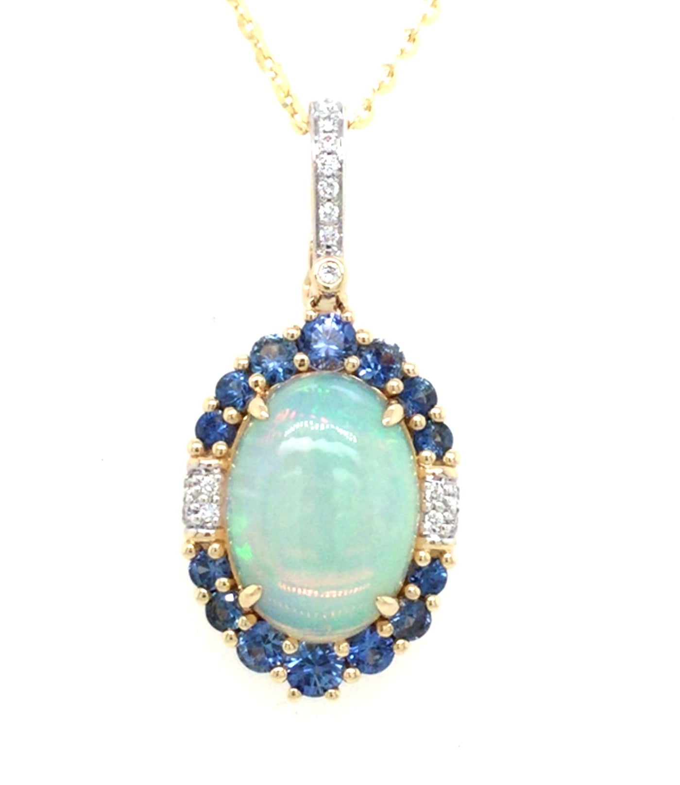 14K Yellow Opal and Sapphire and Natural Diamond Pendant