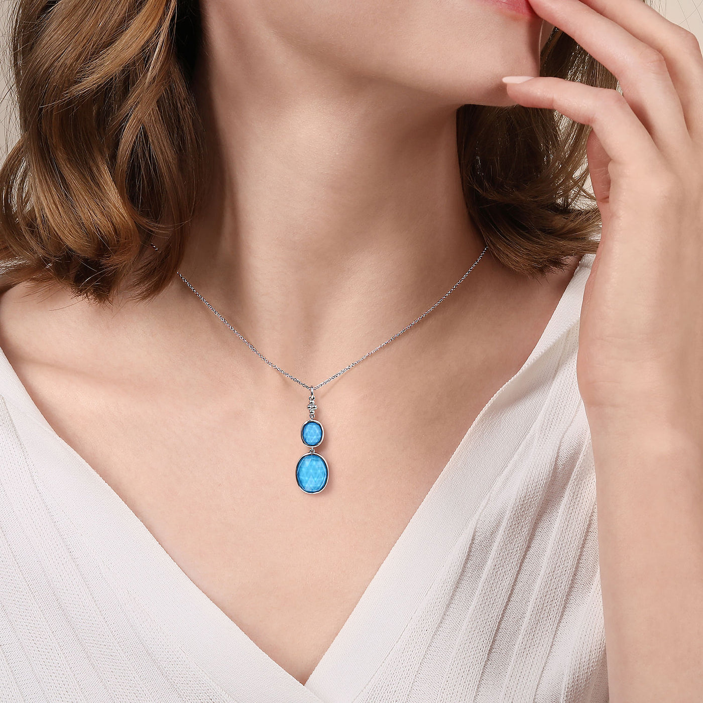 Sterling Silver Turquoise and Rock Crystal Drop Necklace 17.5 inch