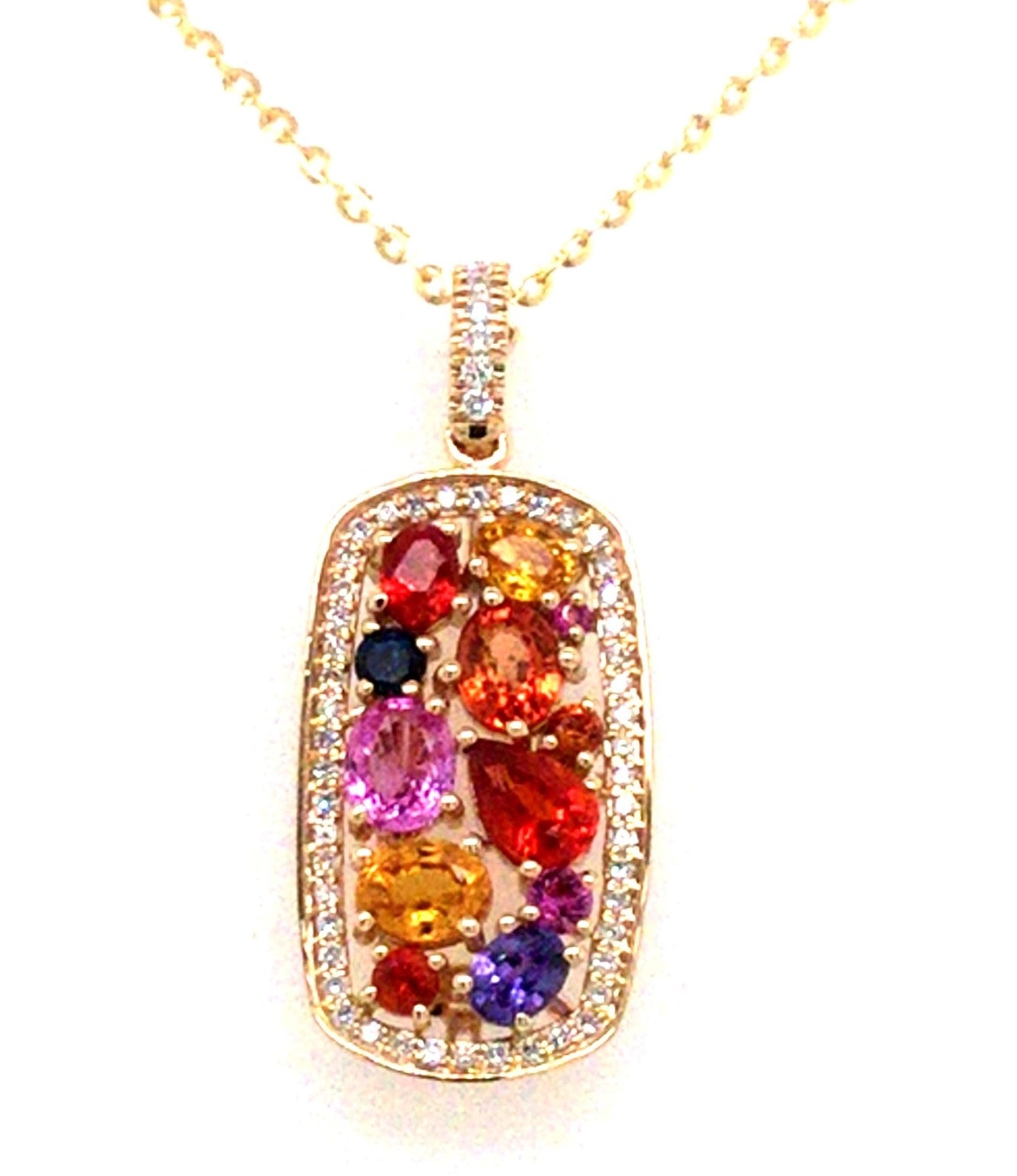 14K Yellow Multi-Colored Sapphires and Natural Diamond 18 inch Necklace