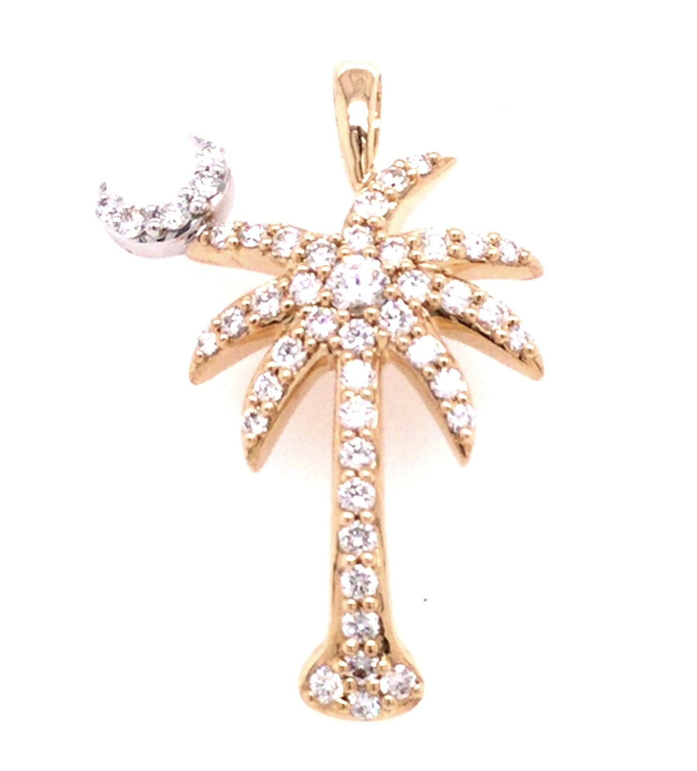 14K White & Yellow Natural Diamond Palm Tree w/Moon Pendant Pendant