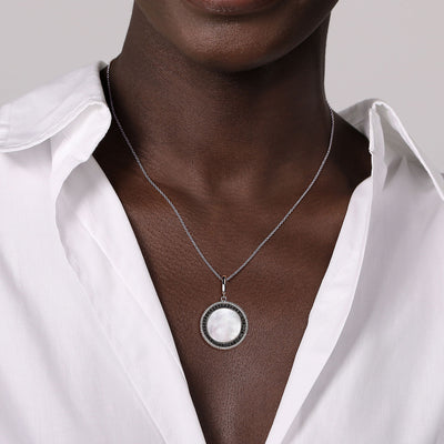 Sterling Silver Mother of Pearl and Black Spinel Medallion Pendant