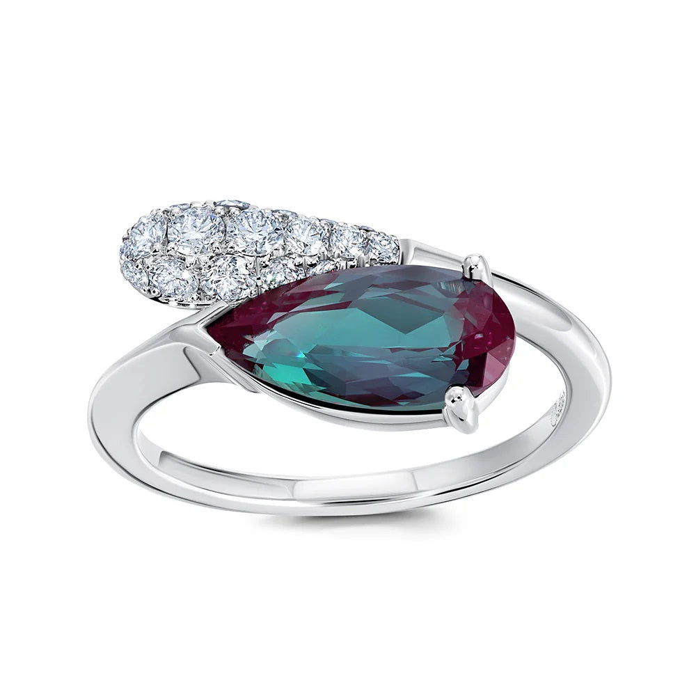 14K White Chatham Alexandrite and Lab Grown Diamond Ring Size 6.5