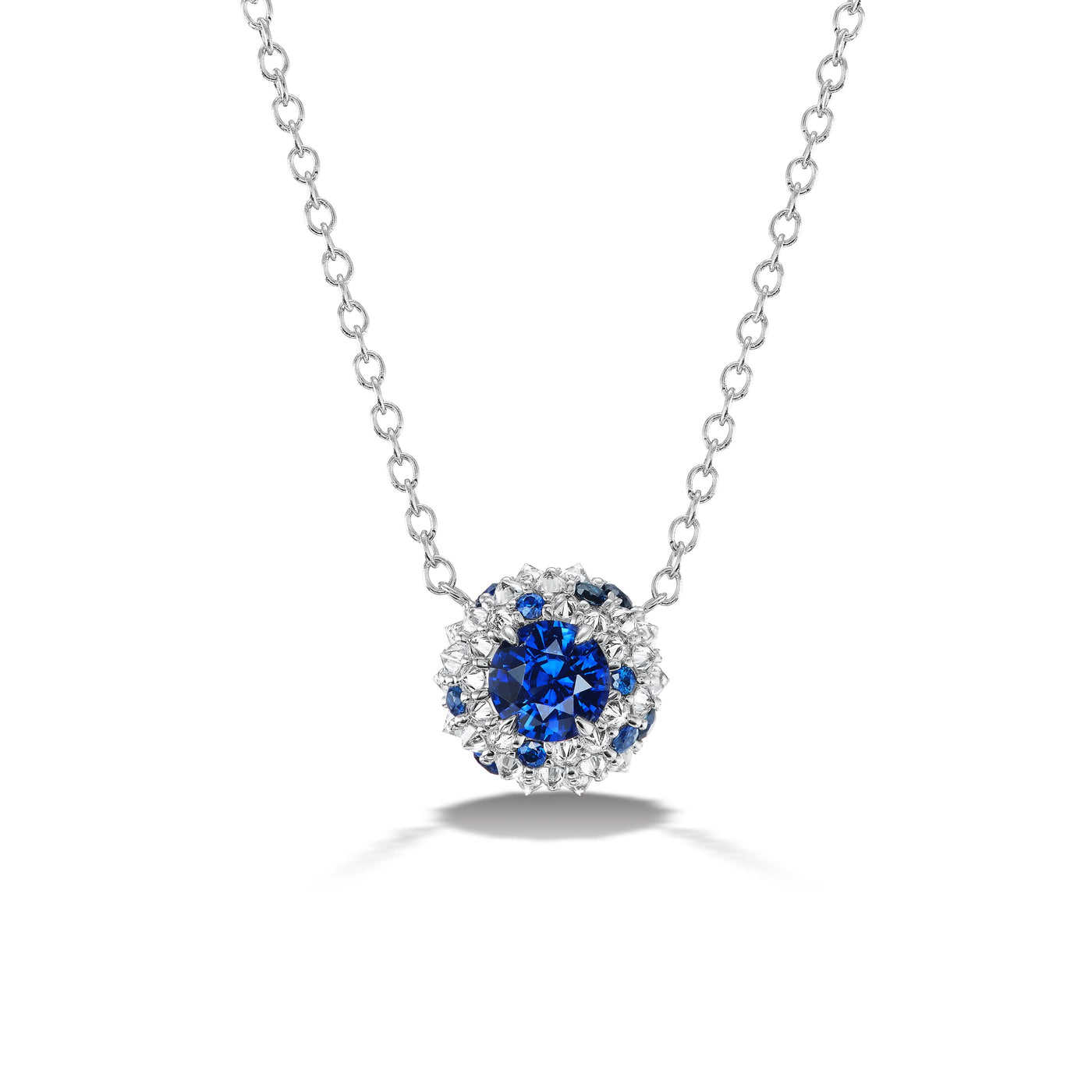 18K White Blue Sapphire and Natural Diamond 18 inch Necklace