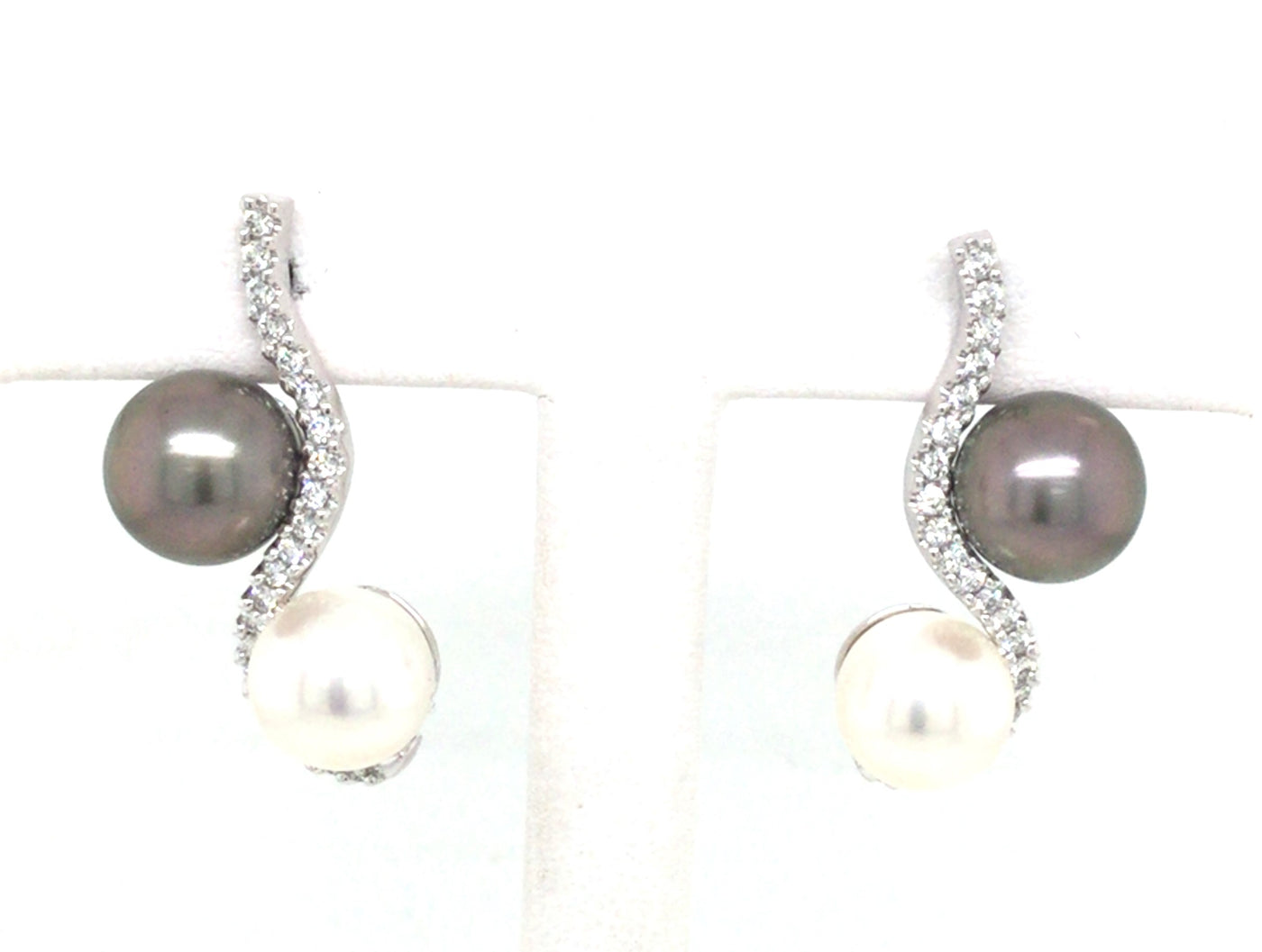 14K White 8 mm Pearl and Natural Diamond Drop Swirl Earrings