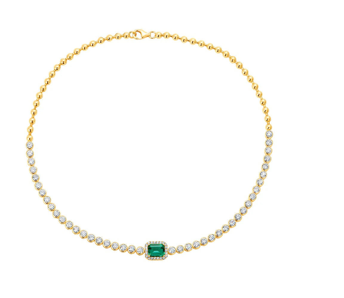 14K Yellow Chatham Emerald and Lab Grown Diamond 16 inch Necklace