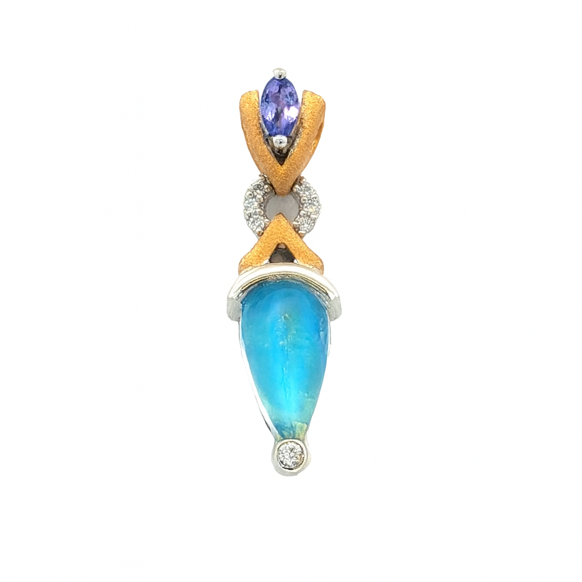 18K Yellow & White Gold Moonstone,Tanzanite and Natural Diamond Pendant