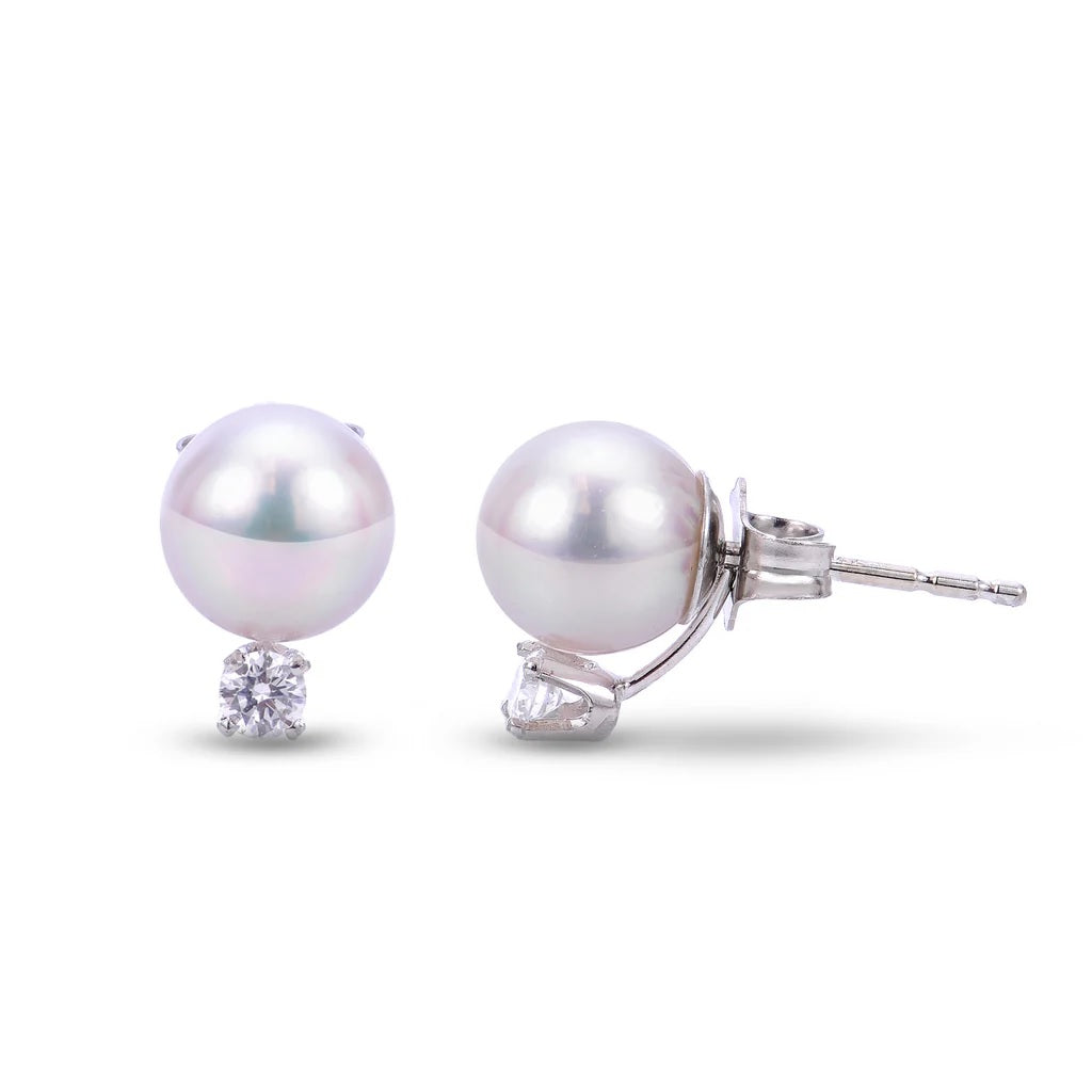 14K White 7 mm Cultured Akoya Pearl and Natural Diamond Stud Earrings