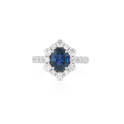 18K White Halo Sapphire and Natural Diamond Ring Size 6.5