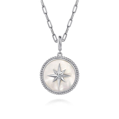 Sterling Silver Mother of Pearl and White Sapphire Medallion Pendant