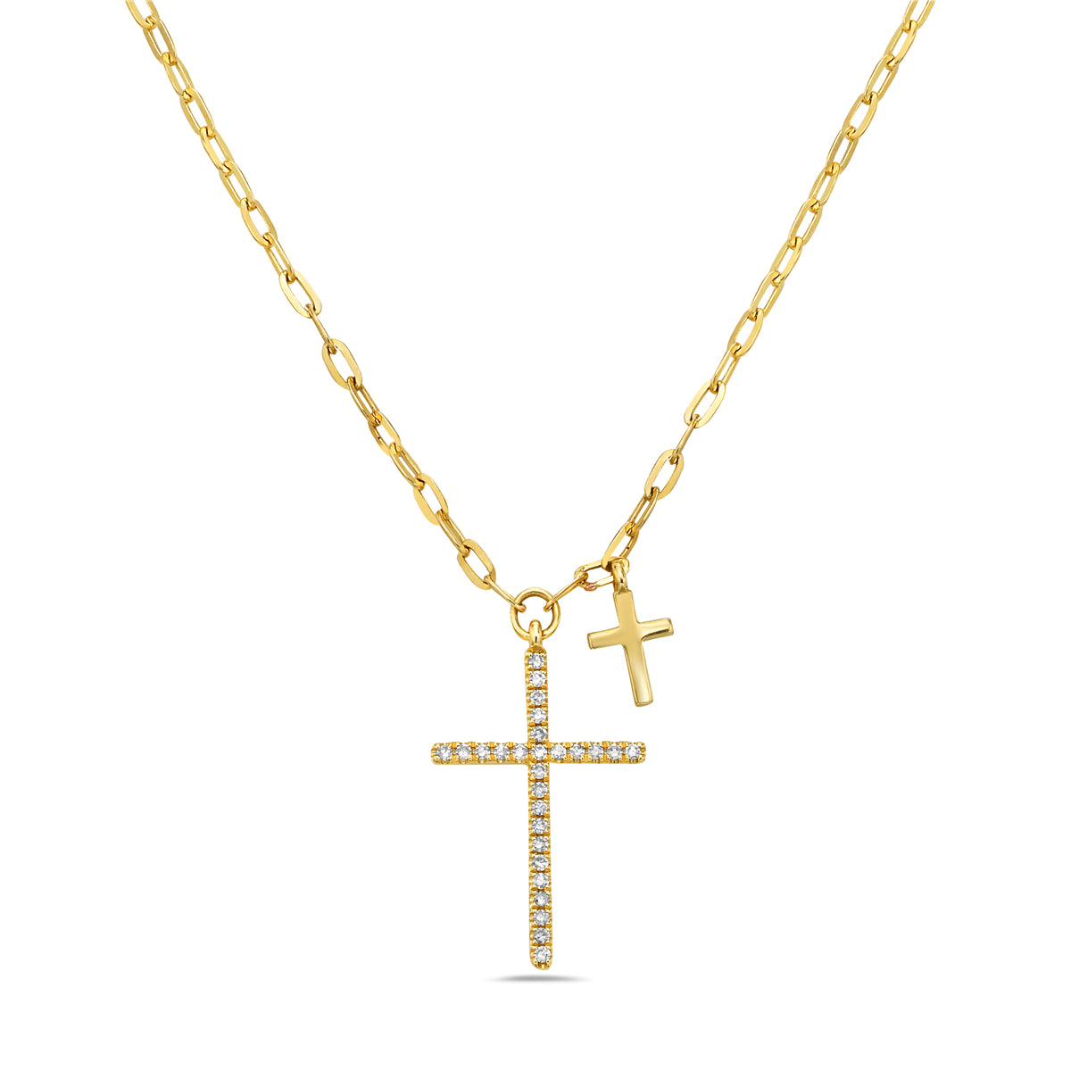 14K Yellow Gold Natural Diamond Double Cross Necklace