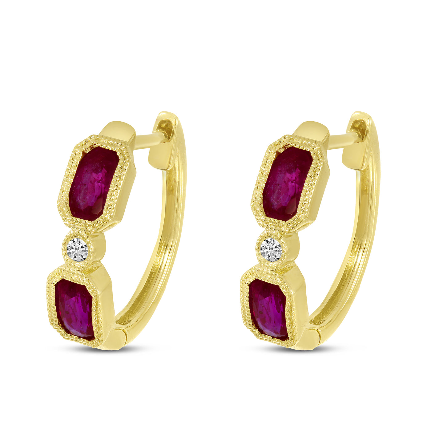 14K Yellow Garnet and Natural Diamond Huggie Earrings