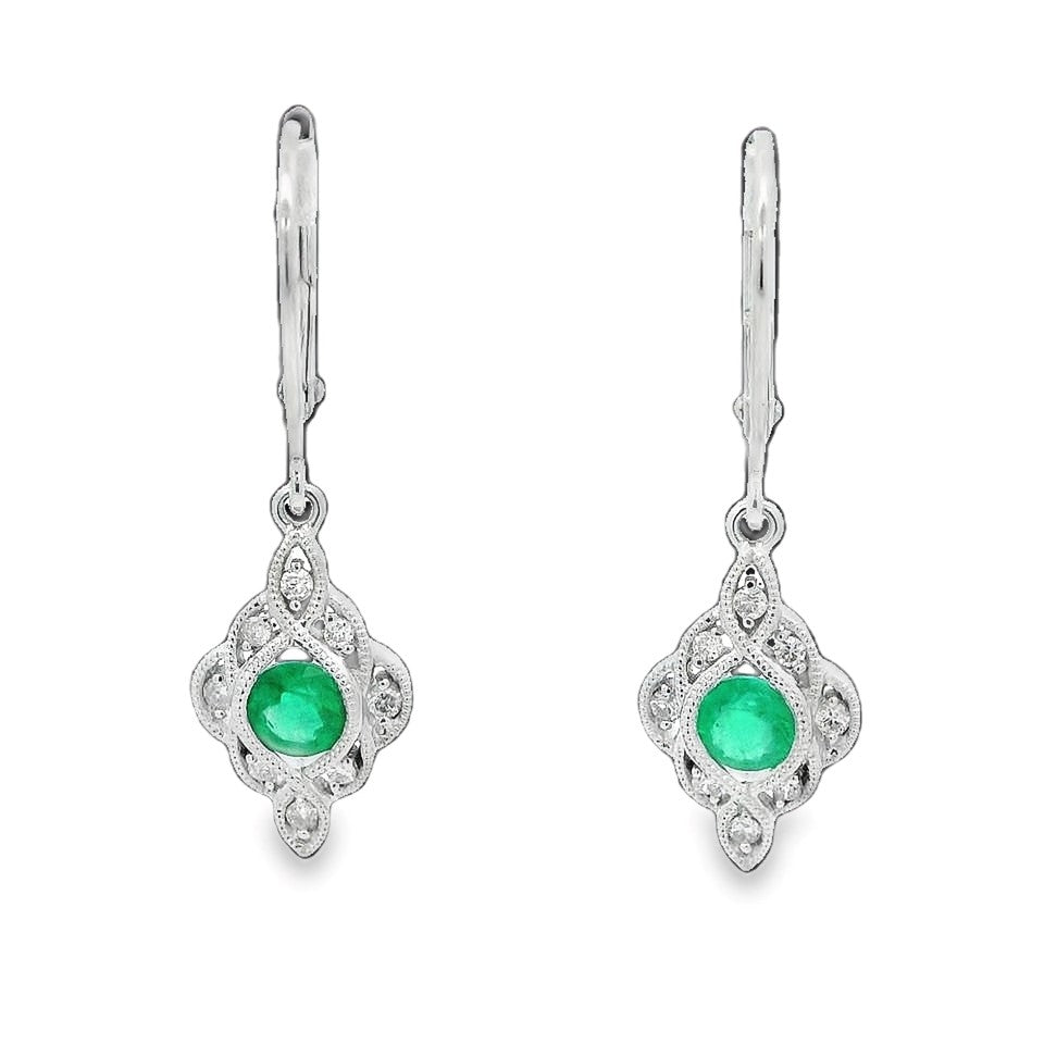 14K White Emerald and Natural Diamond Dangle Earrings