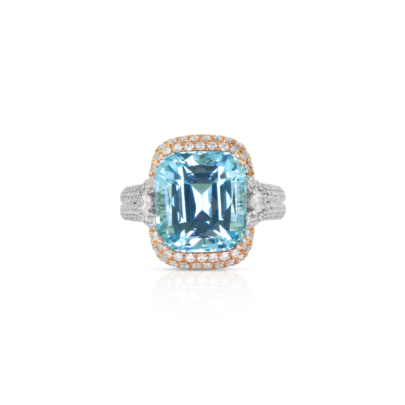 18K White & Rose Gold Double Halo Aquamarine and Natural Diamond Ring