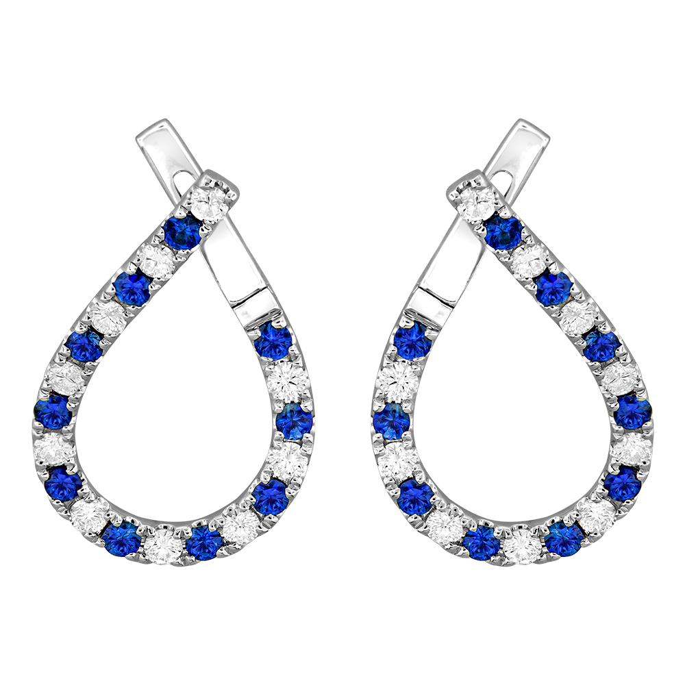 18K White Blue Sapphire and Natural Diamond Hoop Earrings