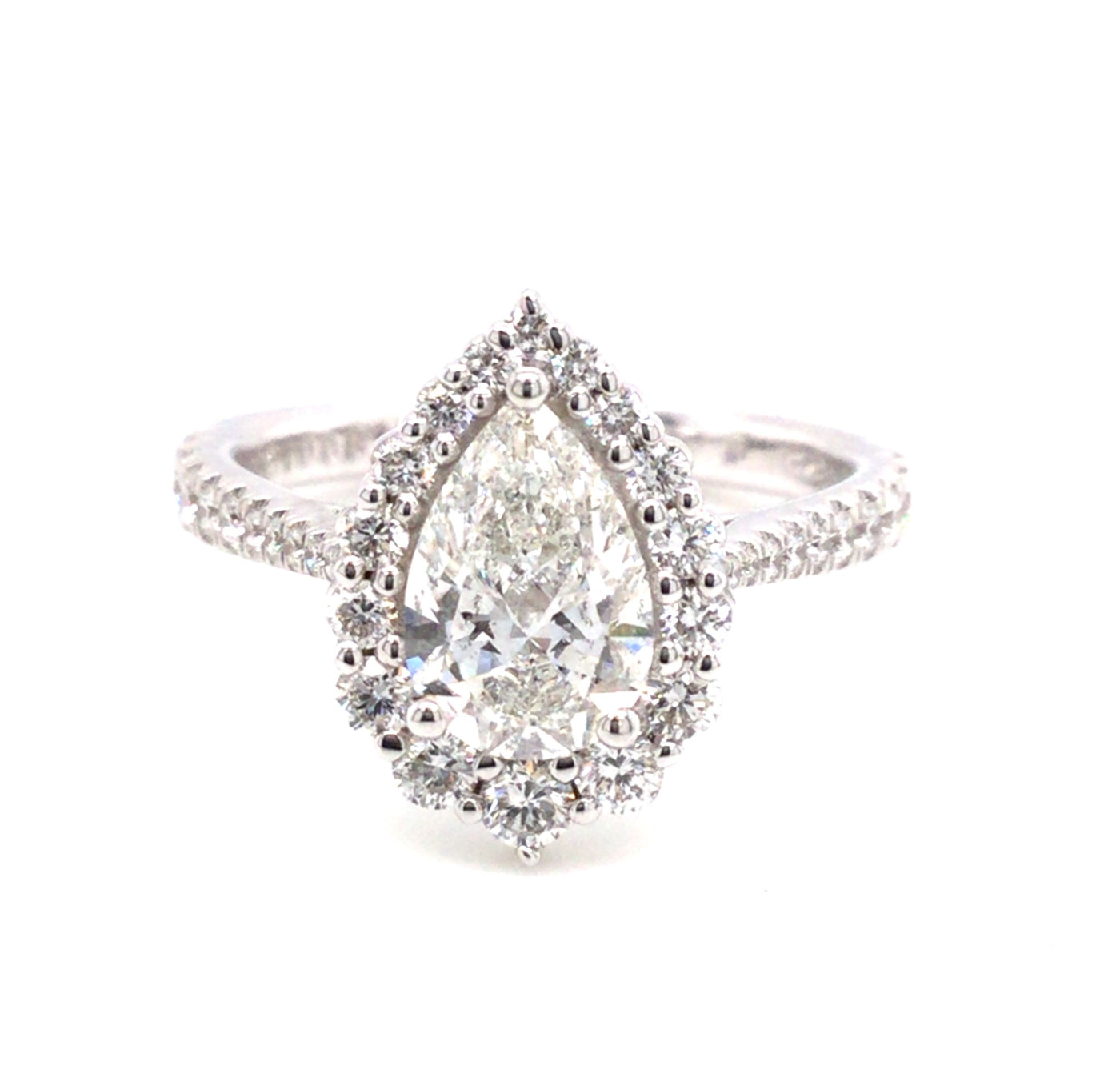 14K White Pear Natural Diamond Halo Engagement Ring