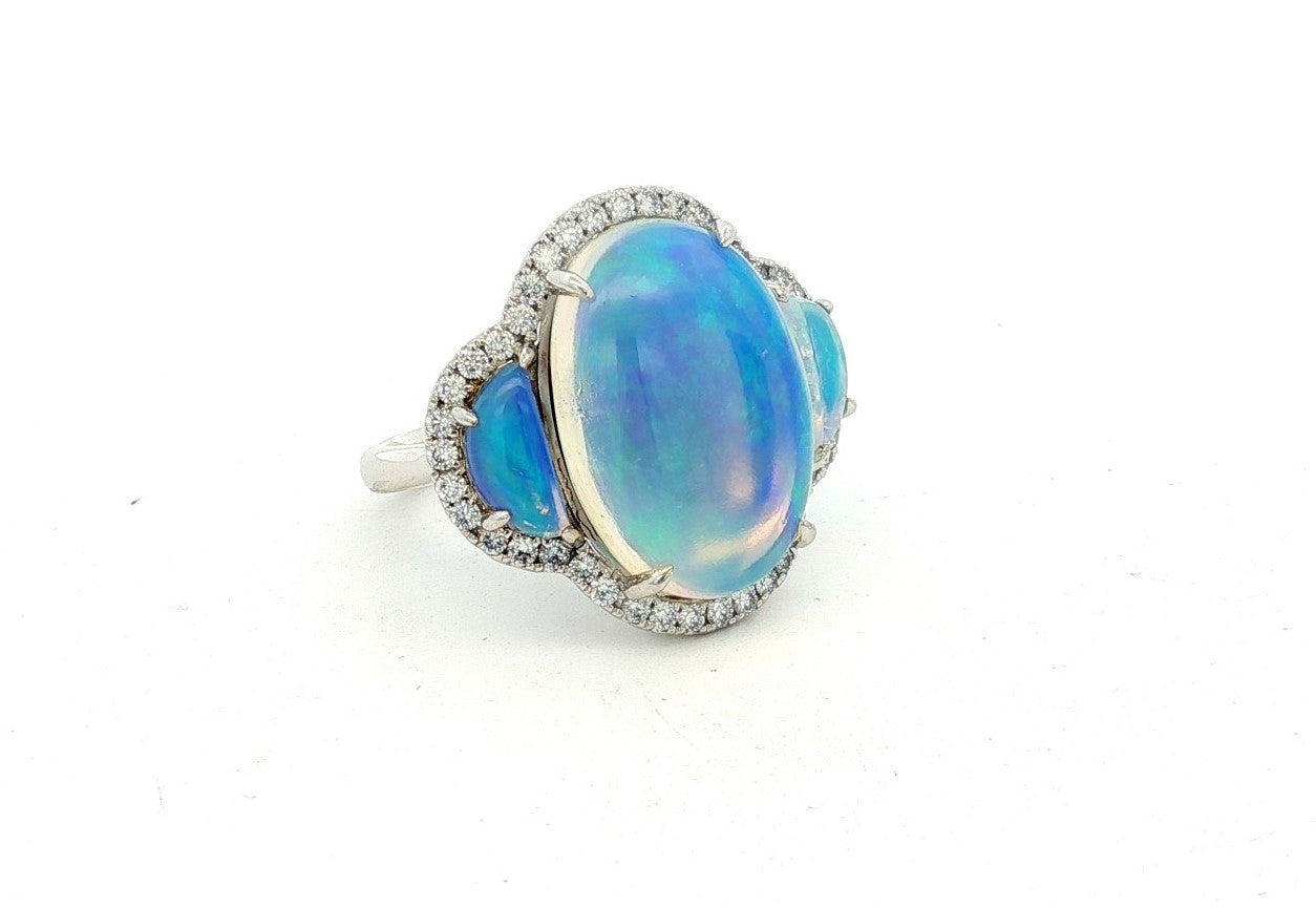 14K White 3 Stone Opal and Natural Diamond Ring Size 6.75