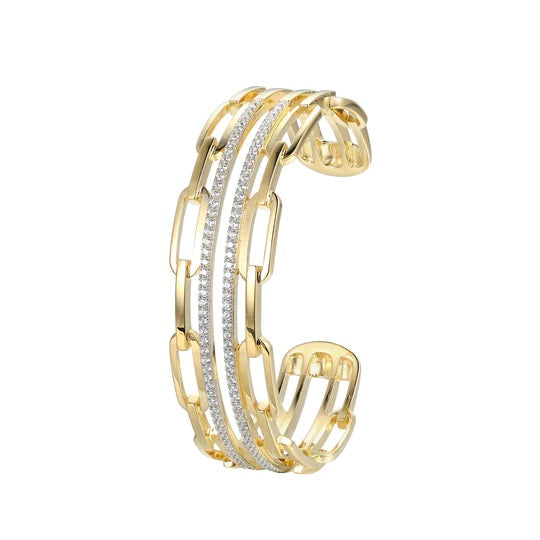 Sterling/14K Gold Finish White & Yellow Paper Clip Cuff Bracelet Size 6.75 with Cubic Zirconium