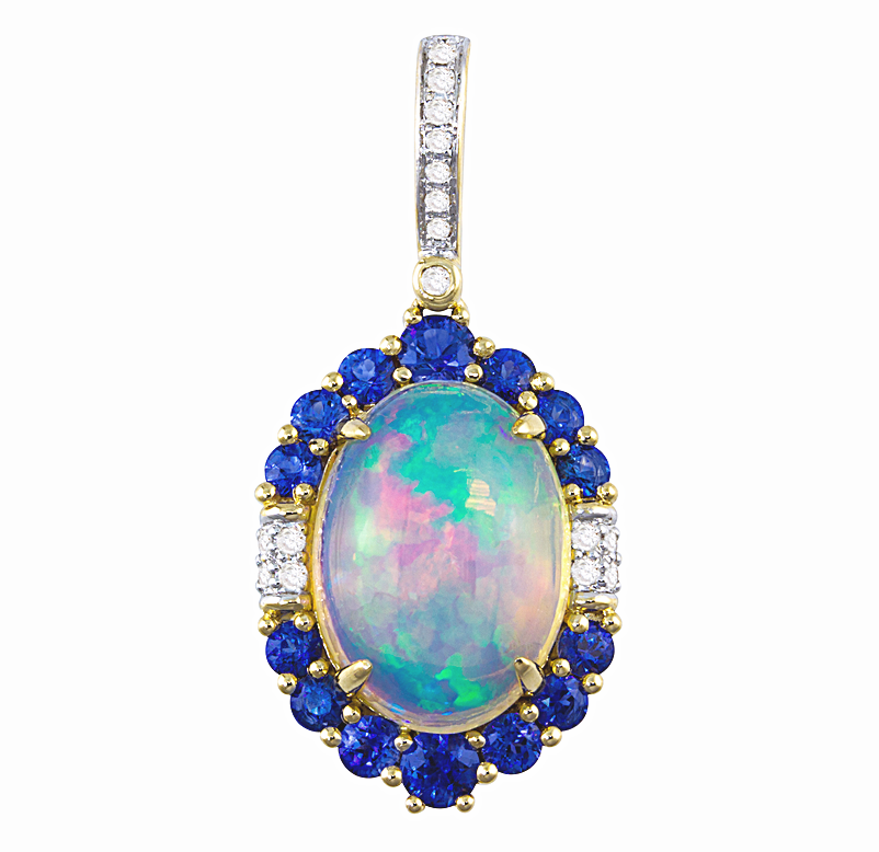 14K Yellow Gold Opal and Sapphire and Natural Diamond Pendant