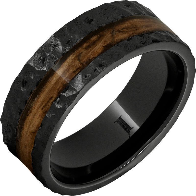 Barrel Aged™ Black Diamond Ceramic™ Ring with Bourbon Wood Inlay and Moon Crater Carving