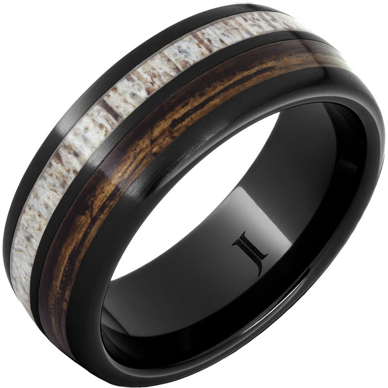 Barrel Aged™ Black Diamond Ceramic™ Ring with Bourbon Barrel Wood and Antler Inlays