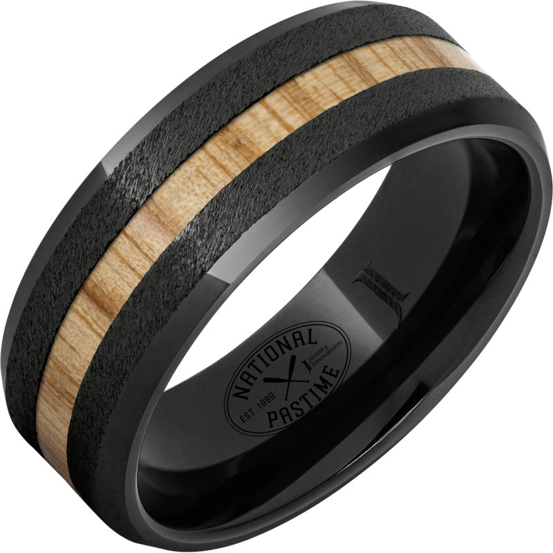 Black Diamond Ceramic™ Ring with Vintage White Ash Baseball Bat Wood Inlay and Grain Finish